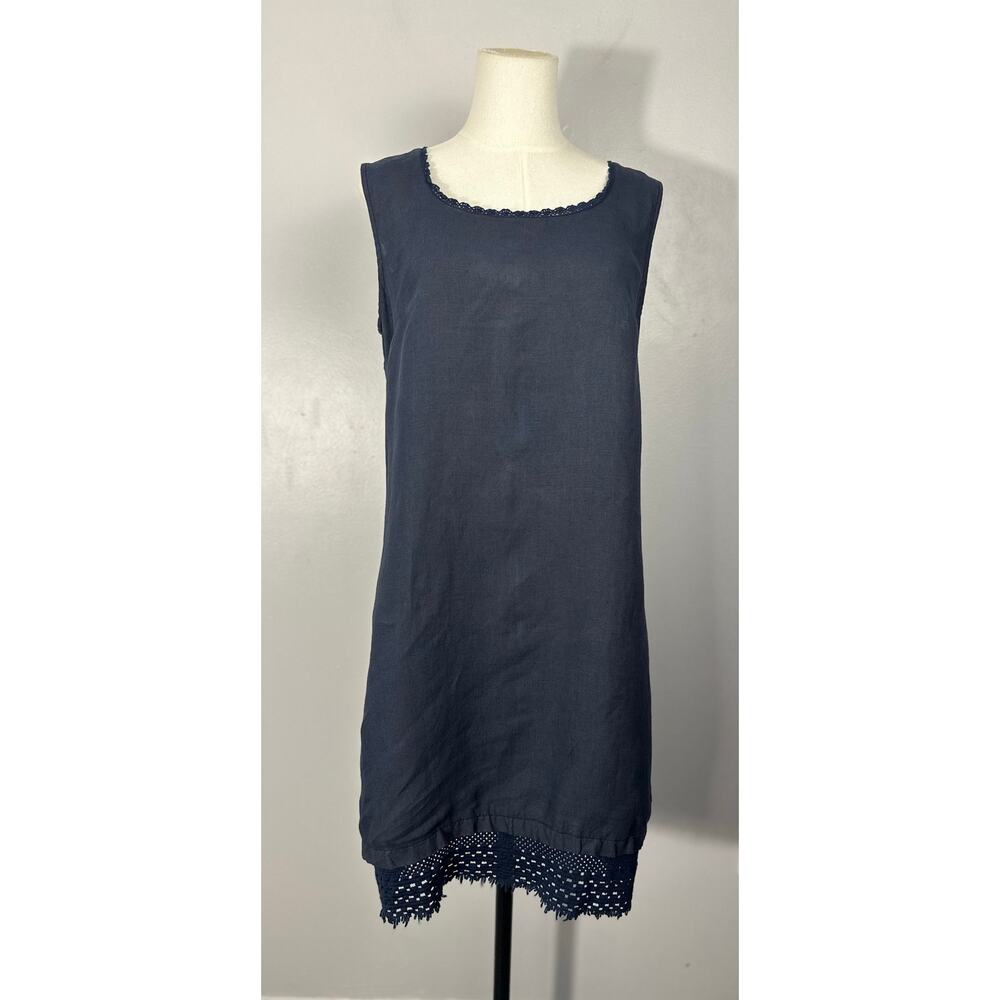 Grand Greece Navy Blue Linen Sleeveless Shift Tunic Dress Crochet Lace Hem M